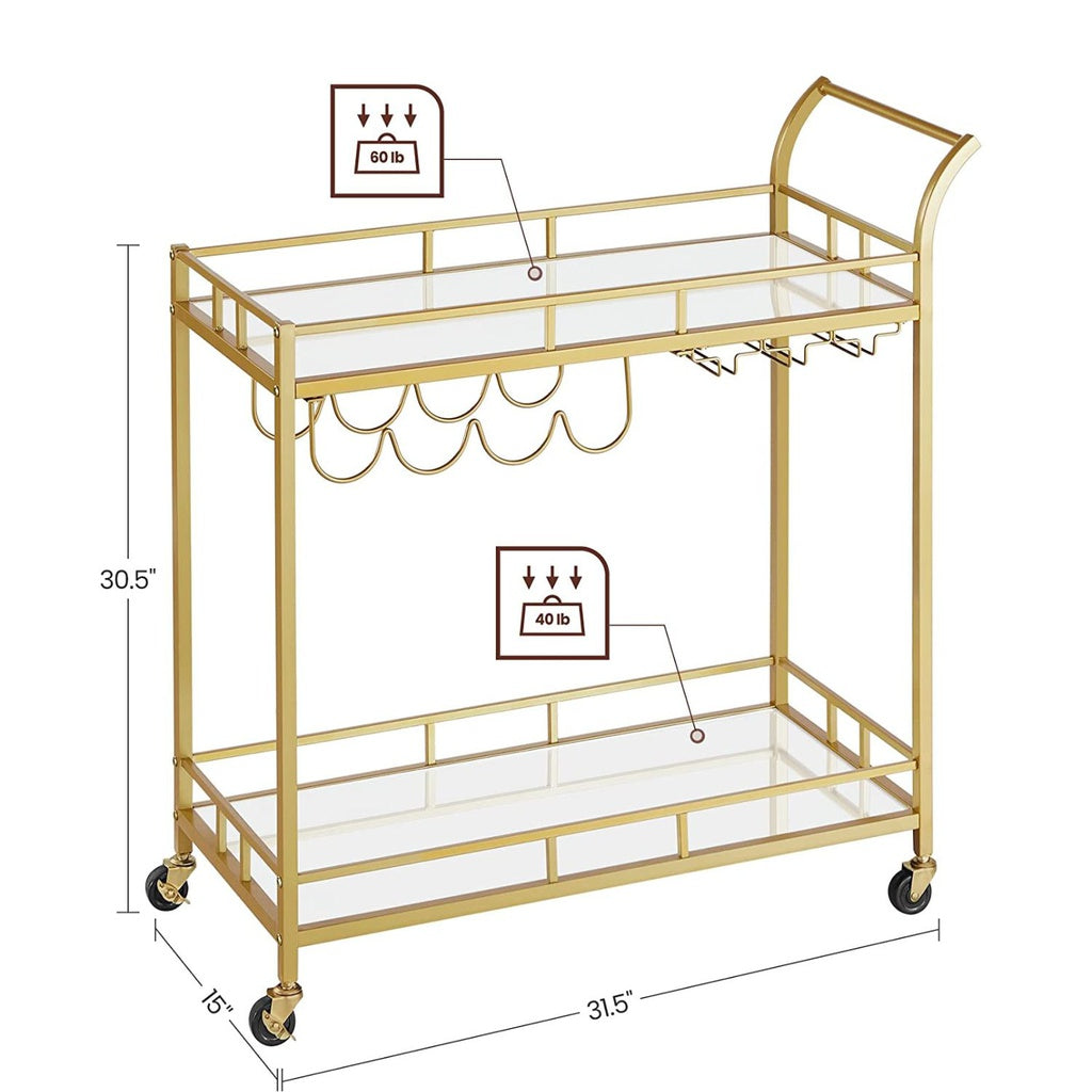 VASAGLE Gold Bar Serving Wine Cart With Wheels And Wine Bottle Holders LRC090A03-Home &amp; Garden &gt; Storage-PEROZ Accessories