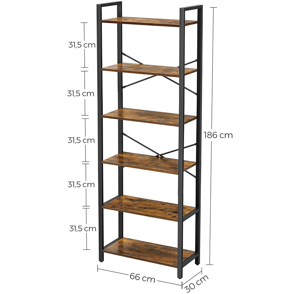 VASAGLE 6-Tier Bookcase Storage Shelf Steel Frame for Living Room Study Office Hallway Industrial Design Vintage Brown Black LLS062B01-Bookcases &amp; Shelves-PEROZ Accessories