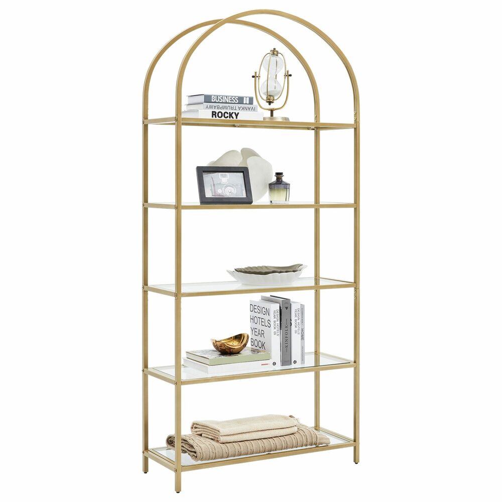 VASAGLE Bookshelf 5 Tier Tempered Glass with Gold Metal Frame LGT050A01-Bookcases &amp; Shelves-PEROZ Accessories