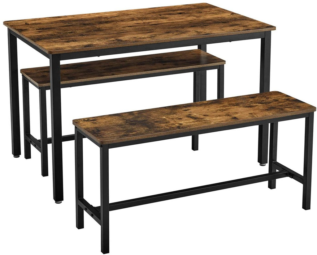 VASAGLE Dining Table Set with 2 Benches Rustic Brown and Black KDT070B01-Furniture &gt; Dining-PEROZ Accessories