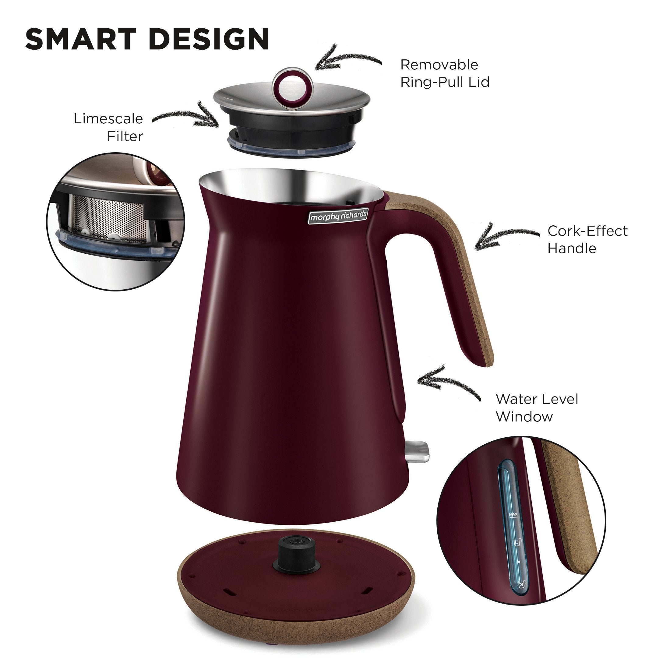 Morphy Richards 1.5L Aspect Kettle - Maroon with Cork-Effect Trim-Appliances &gt; Kitchen Appliances-PEROZ Accessories