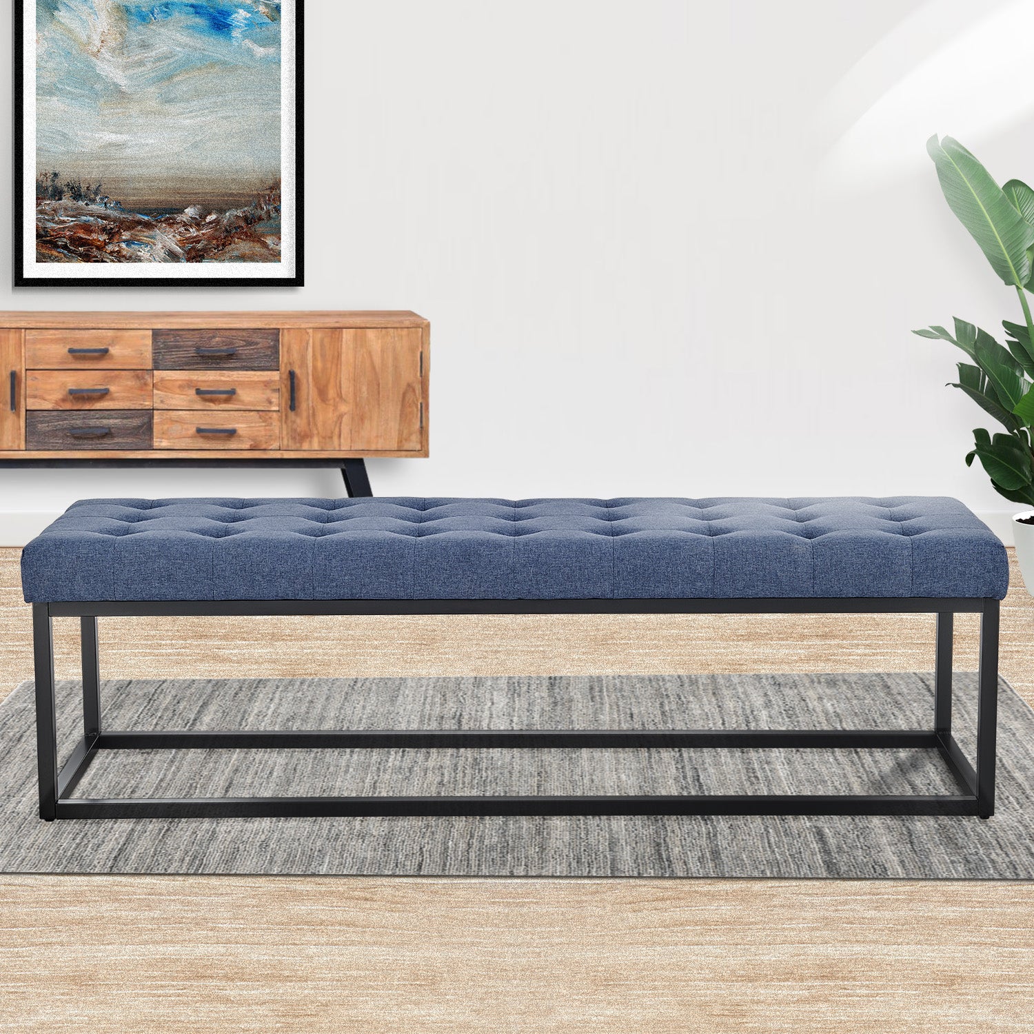 Sarantino Cameron Button-tufted Upholstered Bench With Metal Legs - Blue Linen-Furniture &gt; Living Room-PEROZ Accessories
