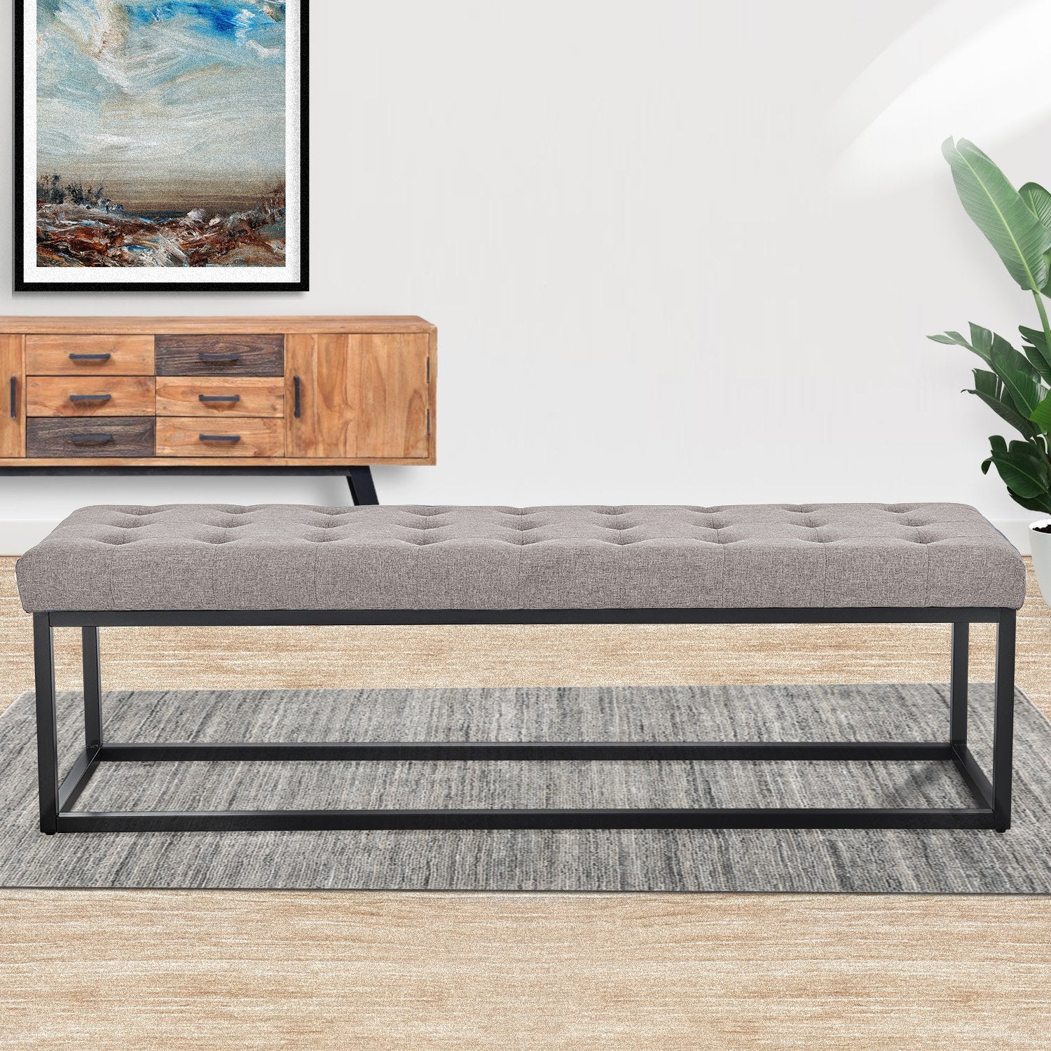 Sarantino Cameron Button-tufted Upholstered Bench With Metal Legs By Sarantino - Light Grey Linen-Furniture &gt; Living Room-PEROZ Accessories