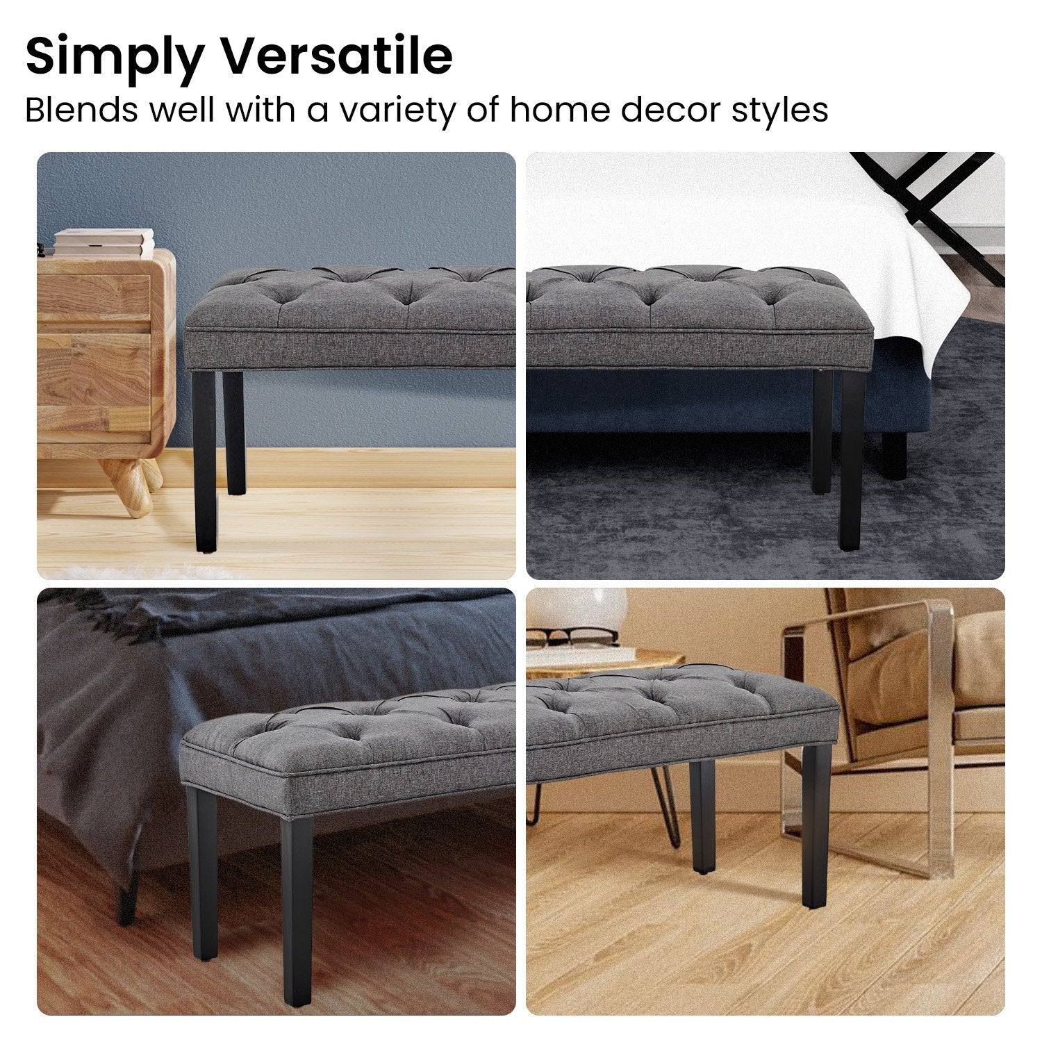 Sarantino Cate Button-tufted Upholstered Bench With Tapered Legs - Dark Grey Linen-Furniture &gt; Living Room-PEROZ Accessories