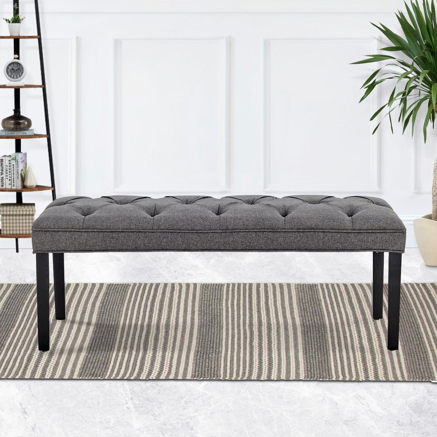 Sarantino Cate Button-tufted Upholstered Bench With Tapered Legs - Dark Grey Linen-Furniture &gt; Living Room-PEROZ Accessories