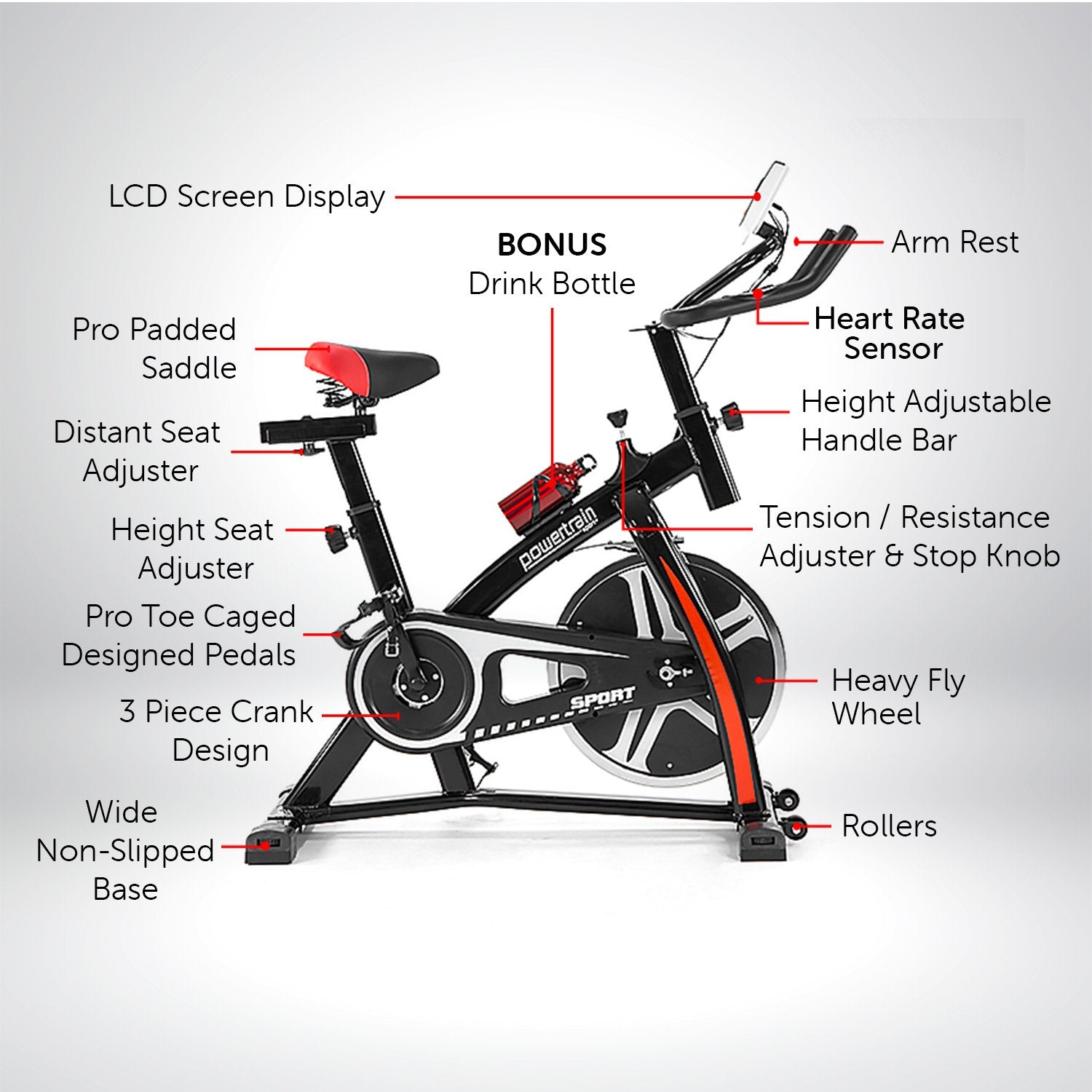 Powertrain Home Gym Flywheel Exercise Spin Bike - Black-Sports &amp; Fitness &gt; Bikes &amp; Accessories-PEROZ Accessories