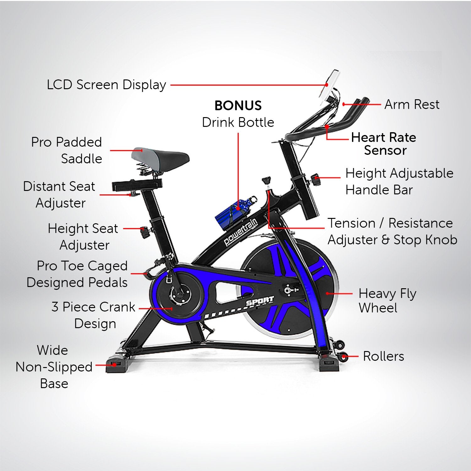 Powertrain Home Gym Flywheel Exercise Spin Bike - Blue-Sports &amp; Fitness &gt; Bikes &amp; Accessories-PEROZ Accessories