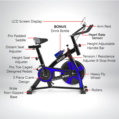 Powertrain Home Gym Flywheel Exercise Spin Bike - Blue-Sports &amp; Fitness &gt; Bikes &amp; Accessories-PEROZ Accessories
