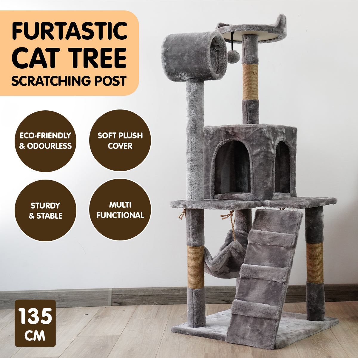 Furtastic 135cm Cat Tree Scratching Post - Silver Grey-Cat Trees-PEROZ Accessories
