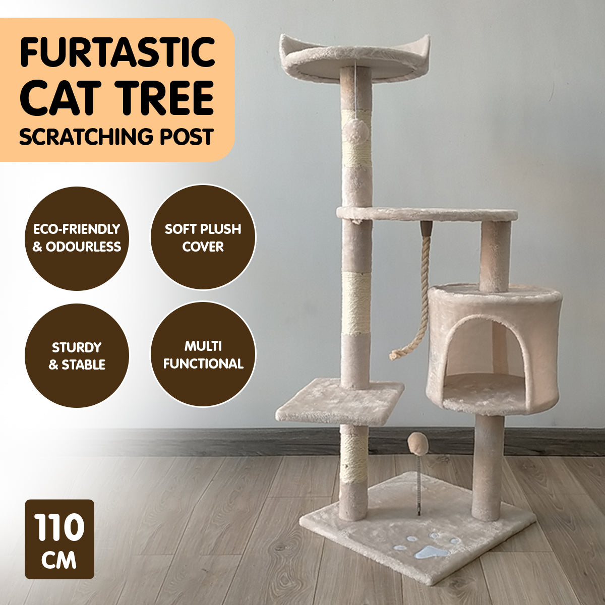 Furtastic 110cm Cat Tree Scratching Post - Beige-Cat Trees-PEROZ Accessories