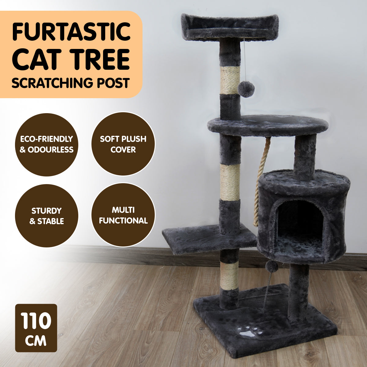 Furtastic 110cm Cat Tree Scratching Post - Dark Grey-Cat Trees-PEROZ Accessories