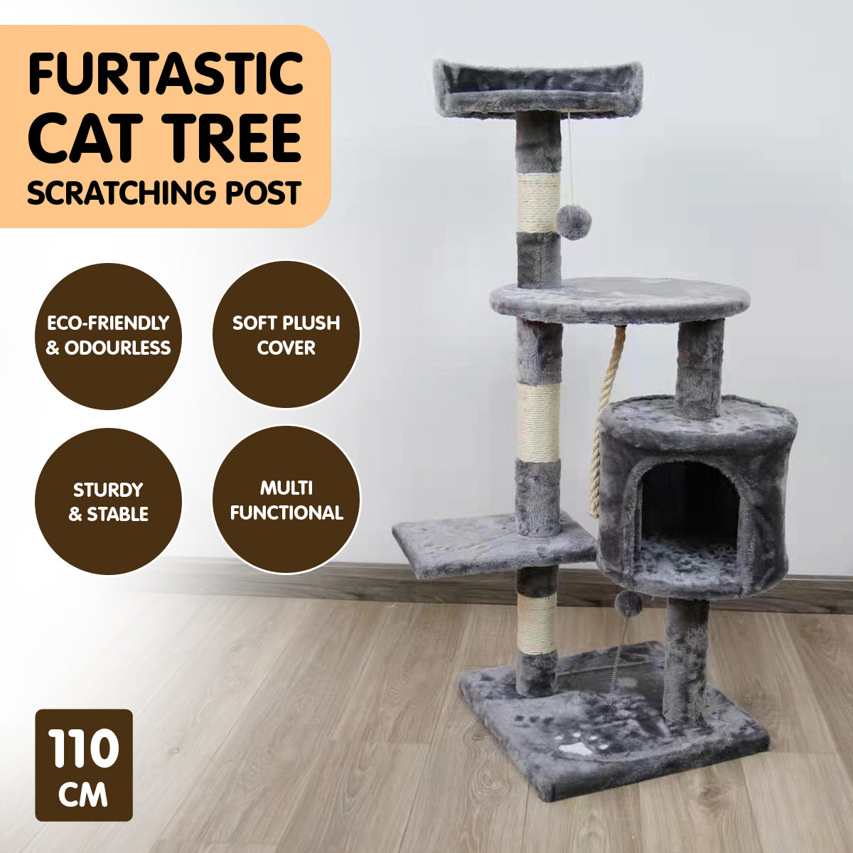 Furtastic 110cm Cat Tree Scratching Post - Silver Grey-Cat Trees-PEROZ Accessories