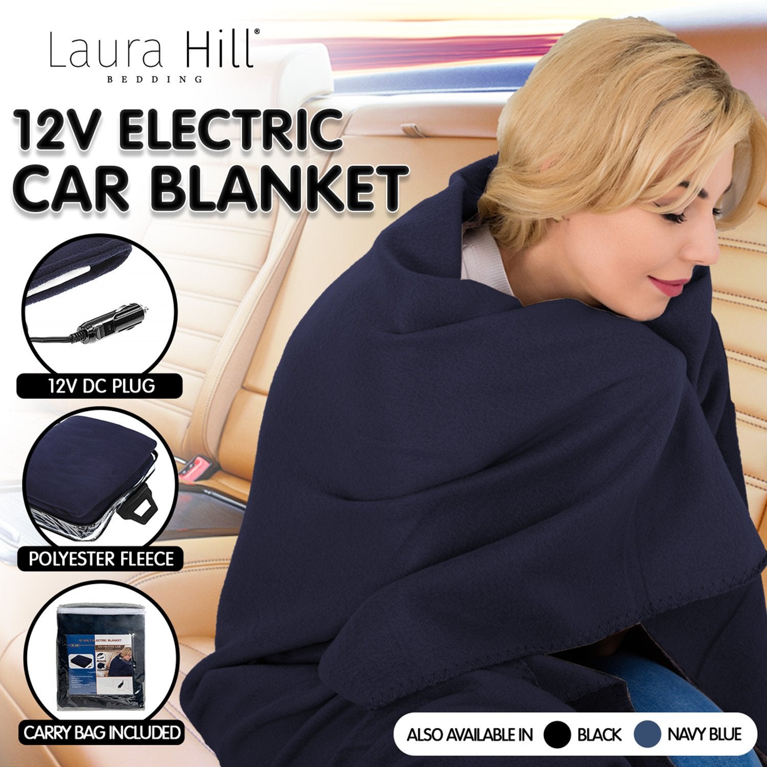 Laura Hill Heated Electric Car Blanket 150x110cm 12v - Blue-Electric Throw Blanket-PEROZ Accessories