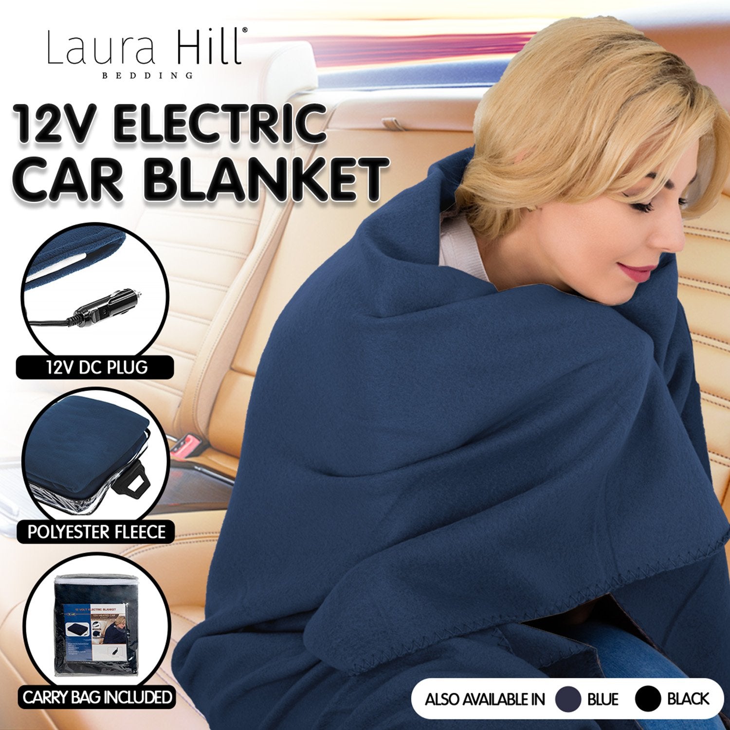 Laura Hill Heated Electric Car Blanket 150x110cm 12v - Navy Blue-Electric Throw Blanket-PEROZ Accessories