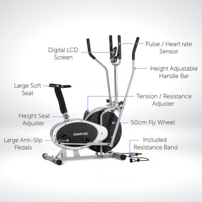Powertrain 3-in-1 Elliptical Cross Trainer Exercise Bike with Resistance Bands-Sports &amp; Fitness &gt; Bikes &amp; Accessories-PEROZ Accessories
