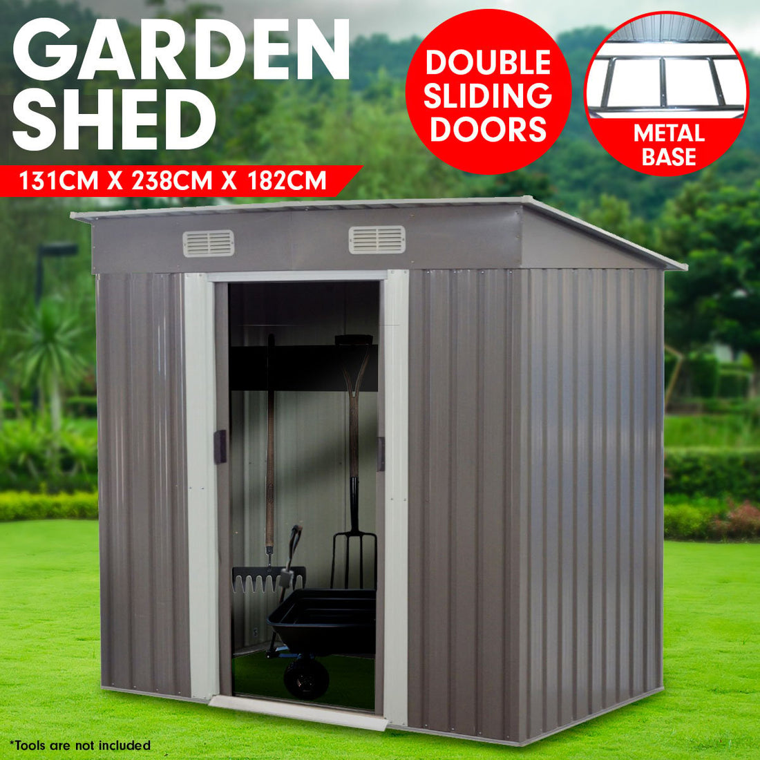 Wallaroo 4ft x 8ft Garden Shed with Base Flat Roof Outdoor Storage - Grey-Home &amp; Garden &gt; Storage-PEROZ Accessories