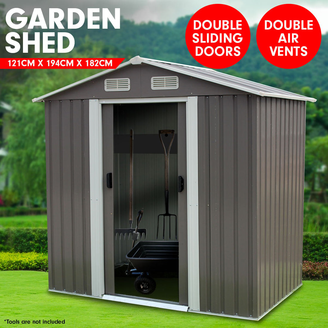 Wallaroo Garden Shed Spire Roof 4ft x 6ft Outdoor Storage Shelter - Grey-Home &amp; Garden &gt; Storage-PEROZ Accessories