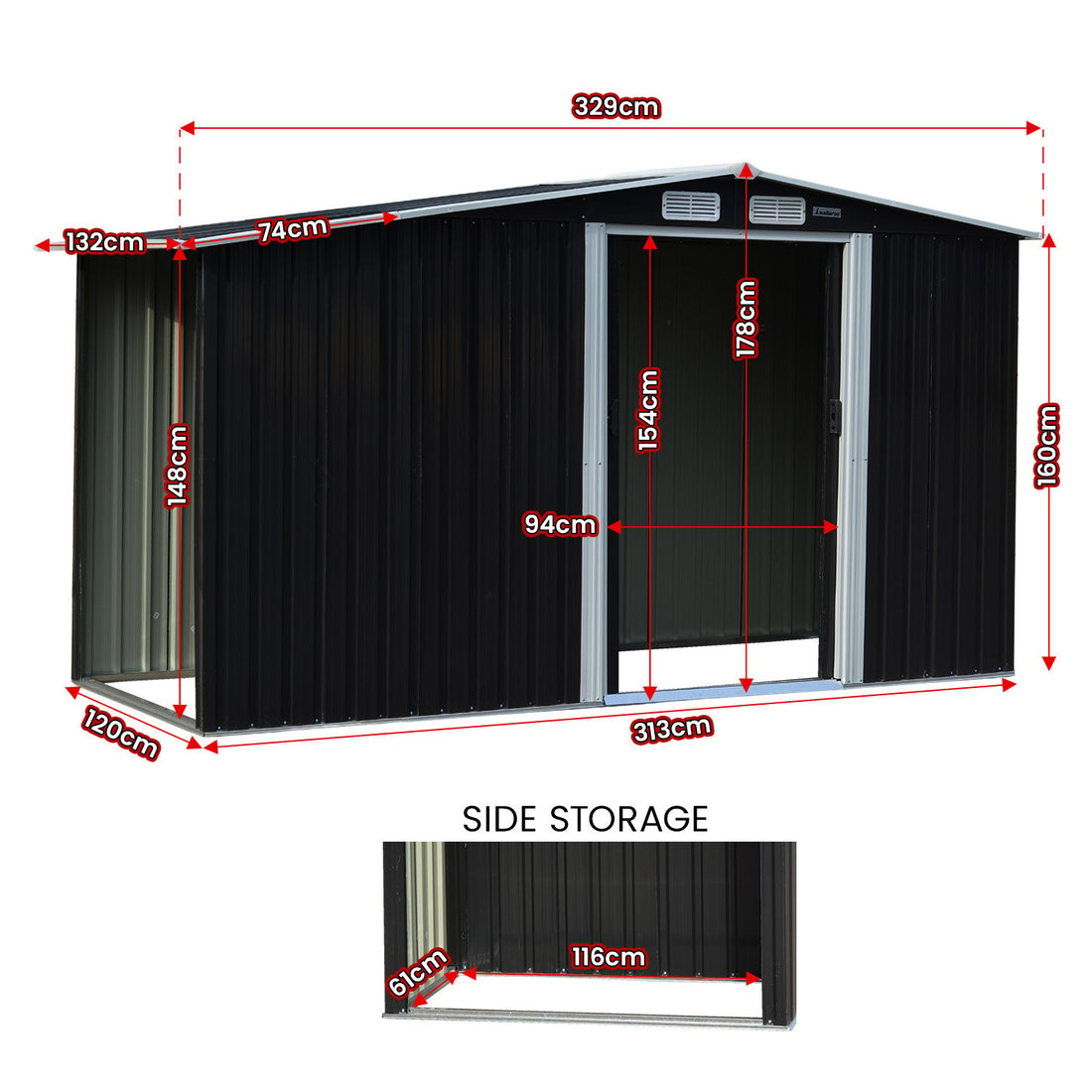 Wallaroo Garden Shed with Semi-Close Storage 4*8FT - Black-Home &amp; Garden &gt; Storage-PEROZ Accessories