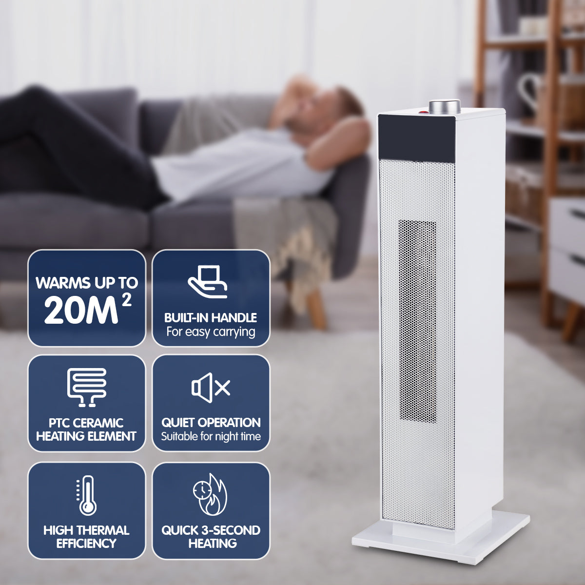 Pronti Electric Tower Heater PTC Ceramic 2000W White-Appliances &gt; Heaters-PEROZ Accessories