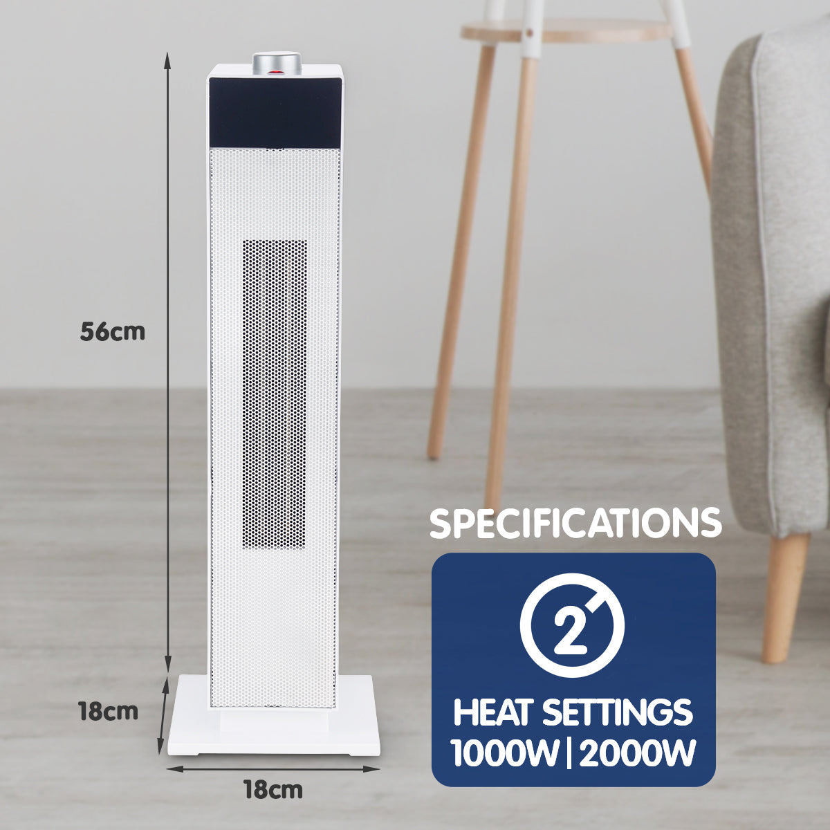 Pronti Electric Tower Heater PTC Ceramic 2000W White-Appliances &gt; Heaters-PEROZ Accessories