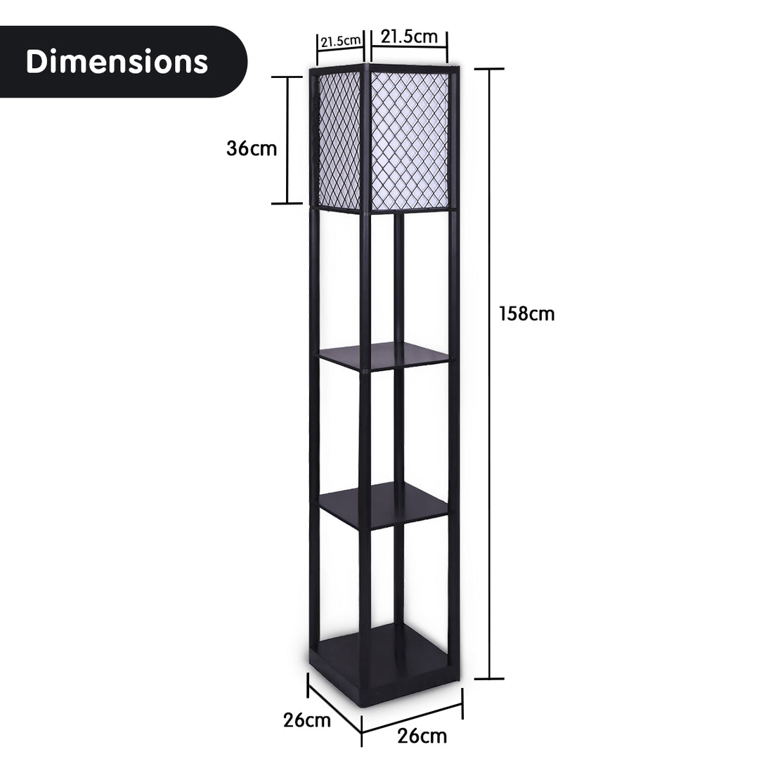 Sarantino Etagere Floor Lamp Diamond Look Fabric Shade Shelves Black-Home &amp; Garden &gt; Lighting-PEROZ Accessories