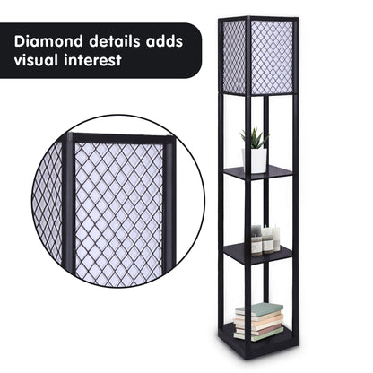 Sarantino Etagere Floor Lamp Diamond Look Fabric Shade Shelves Black-Home &amp; Garden &gt; Lighting-PEROZ Accessories