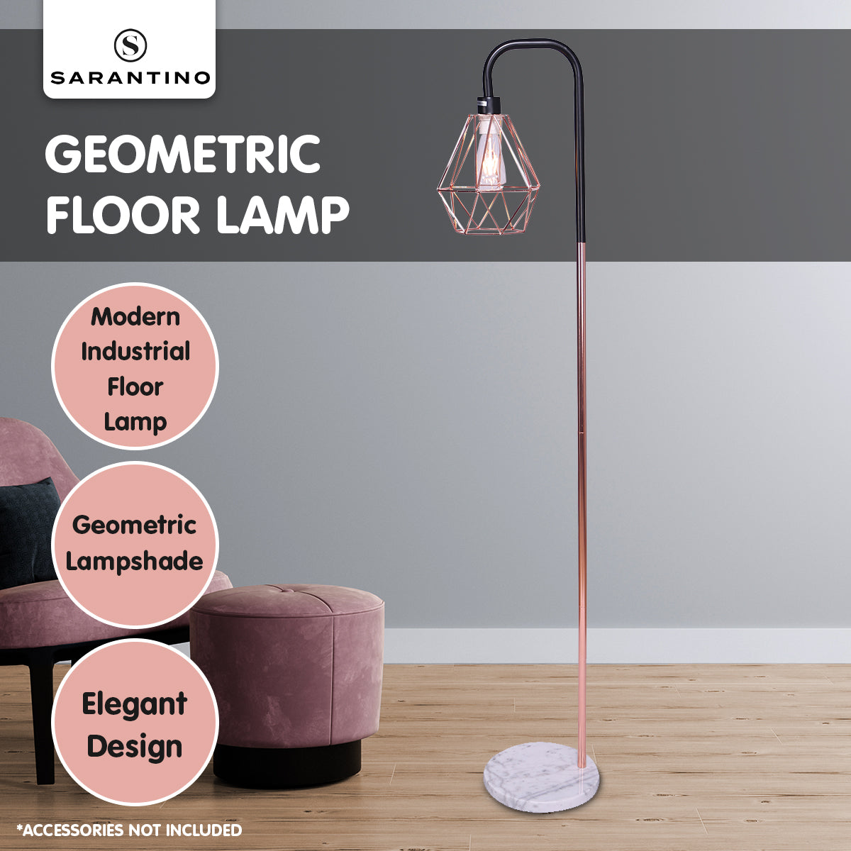 Sarantino Rose Gold Floor Lamp with Geometric Shade-Home &amp; Garden &gt; Lighting-PEROZ Accessories