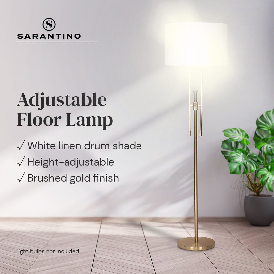 Sarantino Brushed Gold Height-Adjustable Metal Floor Lamp-Home &amp; Garden &gt; Lighting-PEROZ Accessories