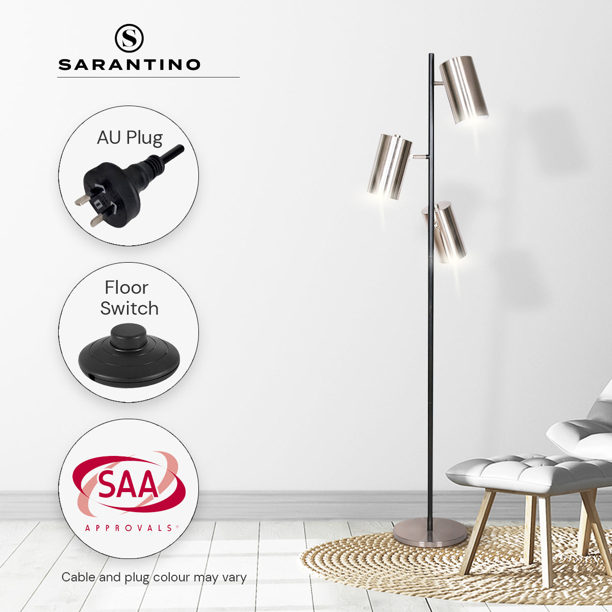Sarantino 3-Shade Metal Floor Lamp Nickel &amp; Matte Black Finish-Home &amp; Garden &gt; Lighting-PEROZ Accessories