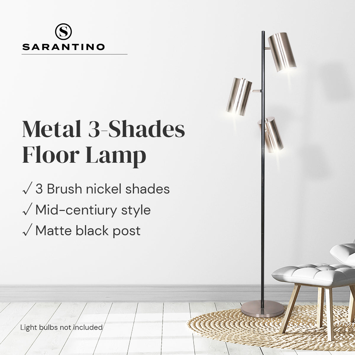Sarantino 3-Shade Metal Floor Lamp Nickel &amp; Matte Black Finish-Home &amp; Garden &gt; Lighting-PEROZ Accessories