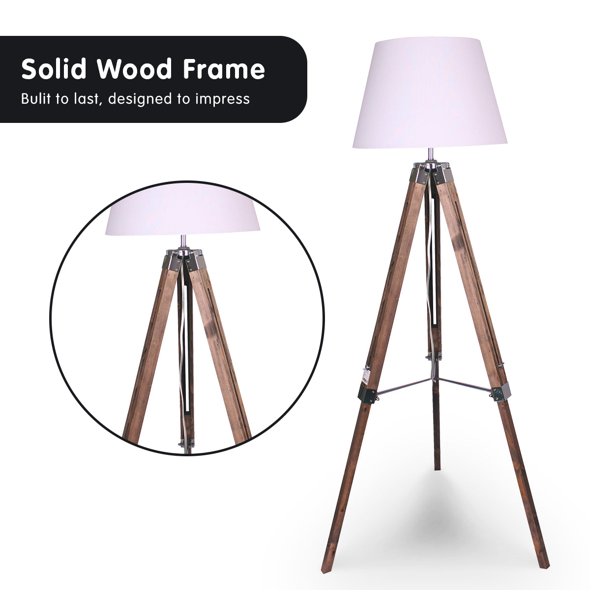 Sarantino Solid Wood Tripod Floor Lamp Adjustable Height White Shade-Home &amp; Garden &gt; Lighting-PEROZ Accessories