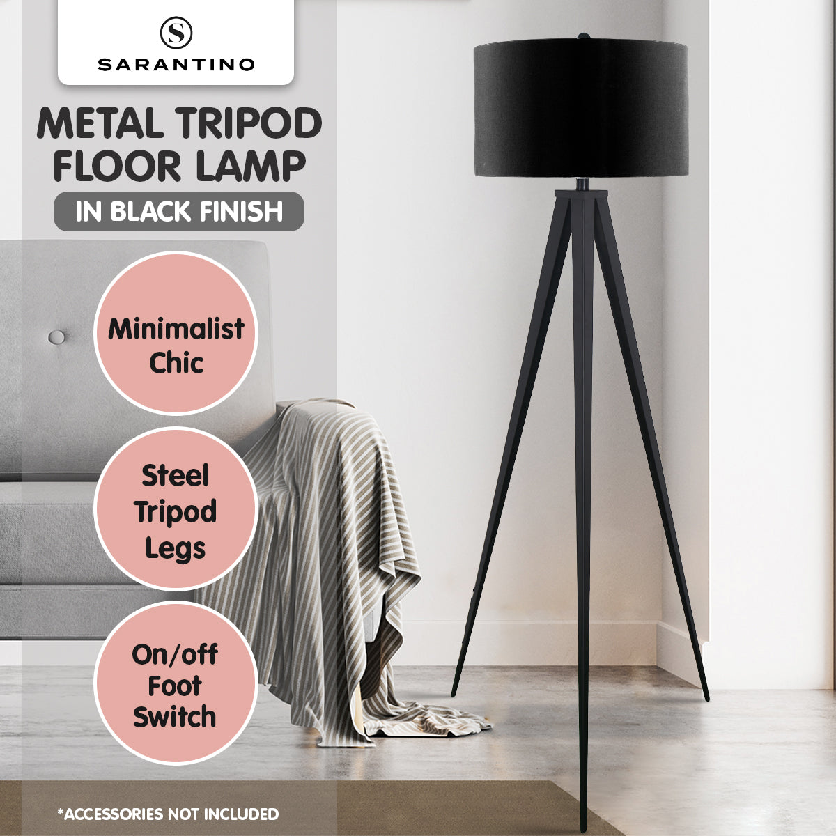Sarantino Minimalist Modern Tripod Floor Lamp Black-Home &amp; Garden &gt; Lighting-PEROZ Accessories