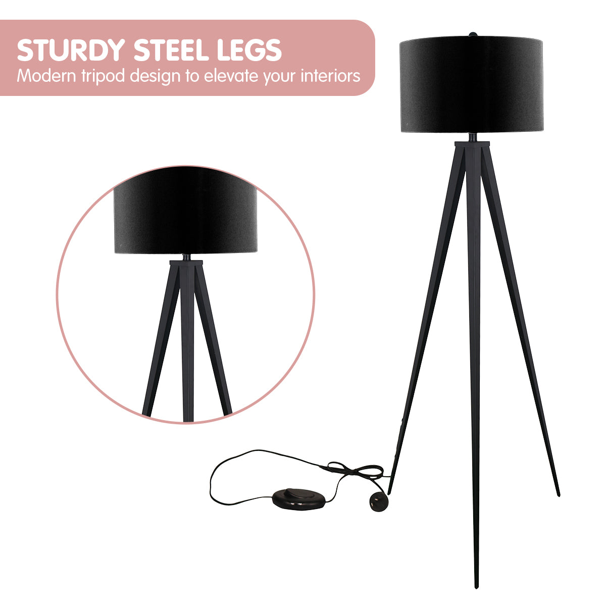 Sarantino Minimalist Modern Tripod Floor Lamp Black-Home &amp; Garden &gt; Lighting-PEROZ Accessories