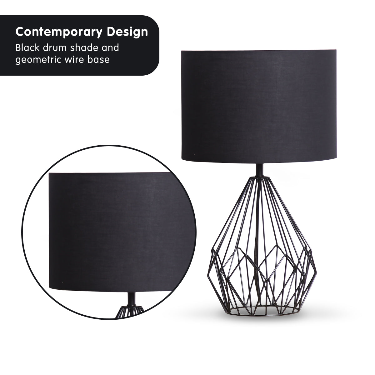Sarantino Metal Wire Table Lamp in Black Finish With Black Drum Shade-Home &amp; Garden &gt; Lighting-PEROZ Accessories