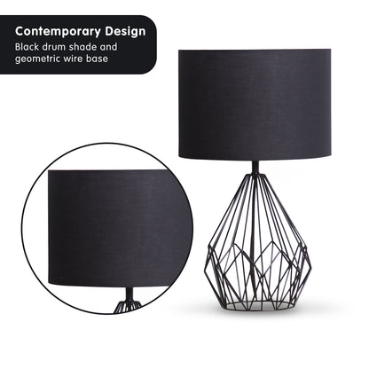 Sarantino Metal Wire Table Lamp in Black Finish With Black Drum Shade-Home &amp; Garden &gt; Lighting-PEROZ Accessories