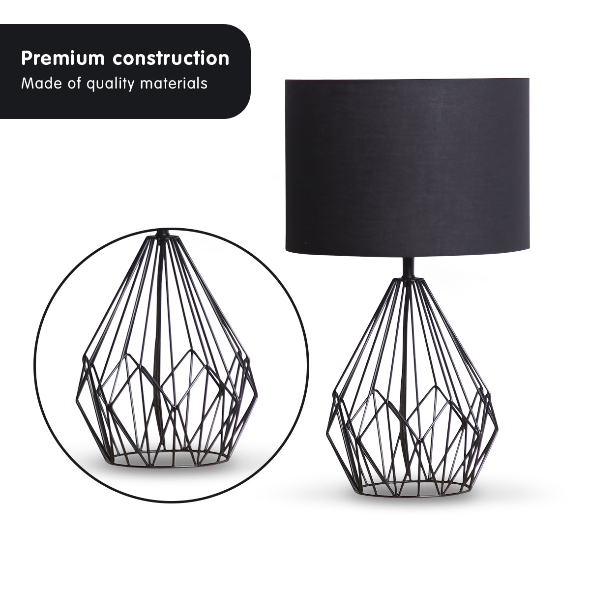 Sarantino Metal Wire Table Lamp in Black Finish With Black Drum Shade-Home &amp; Garden &gt; Lighting-PEROZ Accessories