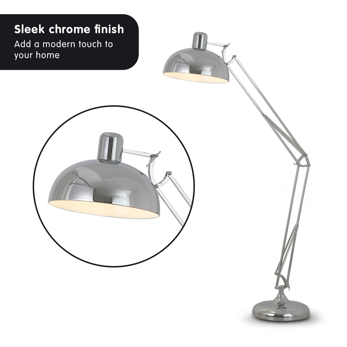 Sarantino Metal Architect Floor Lamp Shade Adjustable Height - Chrome-Home &amp; Garden &gt; Lighting-PEROZ Accessories