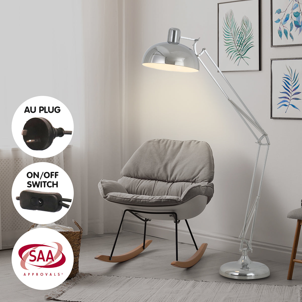 Sarantino Metal Architect Floor Lamp Shade Adjustable Height - Chrome-Home &amp; Garden &gt; Lighting-PEROZ Accessories