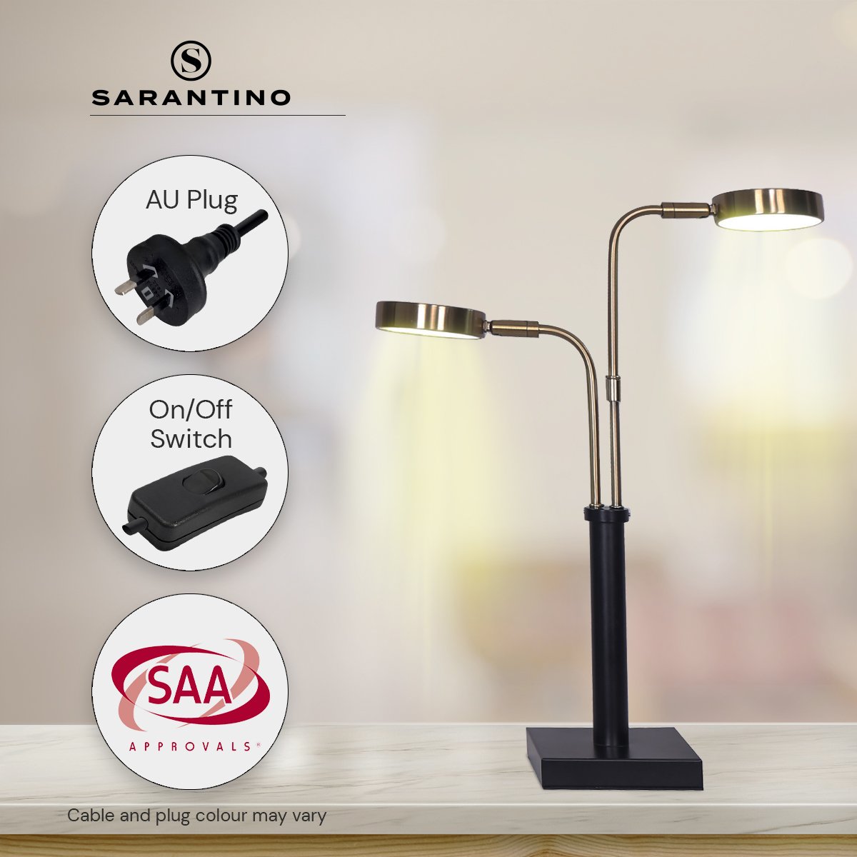Sarantino LED Metal Table Lamp with 2 Lights Brushed Gold Black Finish-Home &amp; Garden &gt; Lighting-PEROZ Accessories