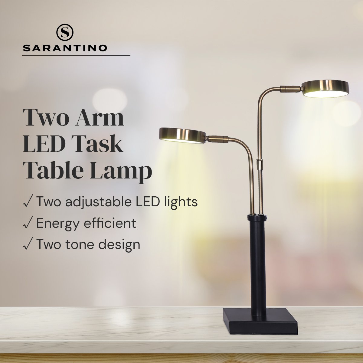 Sarantino LED Metal Table Lamp with 2 Lights Brushed Gold Black Finish-Home &amp; Garden &gt; Lighting-PEROZ Accessories