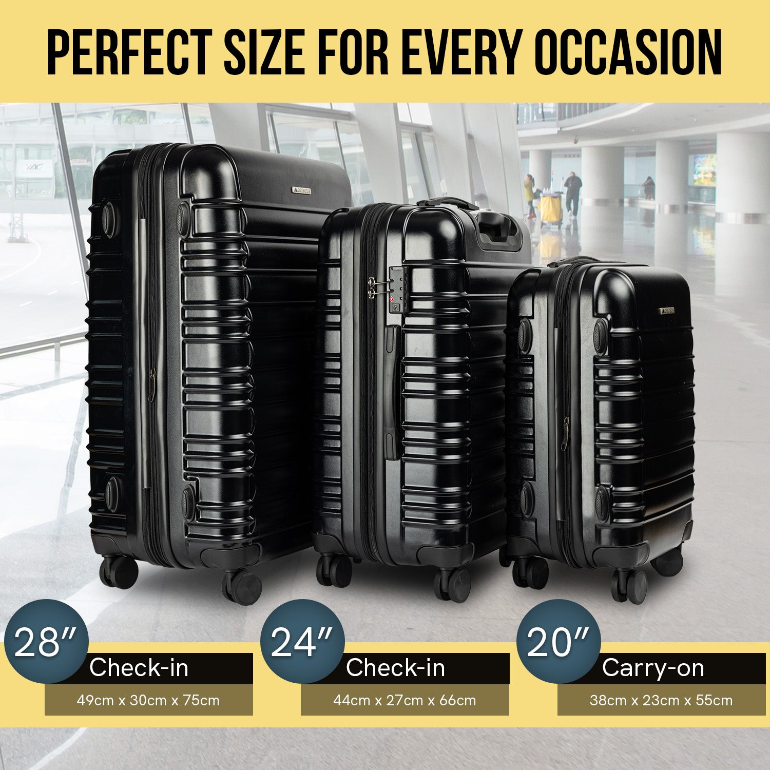 Olympus Noctis 3PC Luggage Set Hard Shell ABS+PC - Stygian Black-Home &amp; Garden-PEROZ Accessories