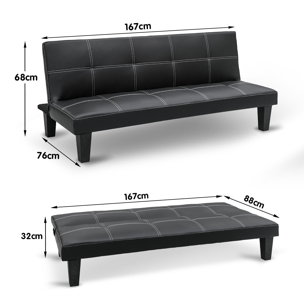 Sarantino 2 Seater Modular Faux Leather Fabric Sofa Bed Couch - Black-Furniture &gt; Sofas-PEROZ Accessories