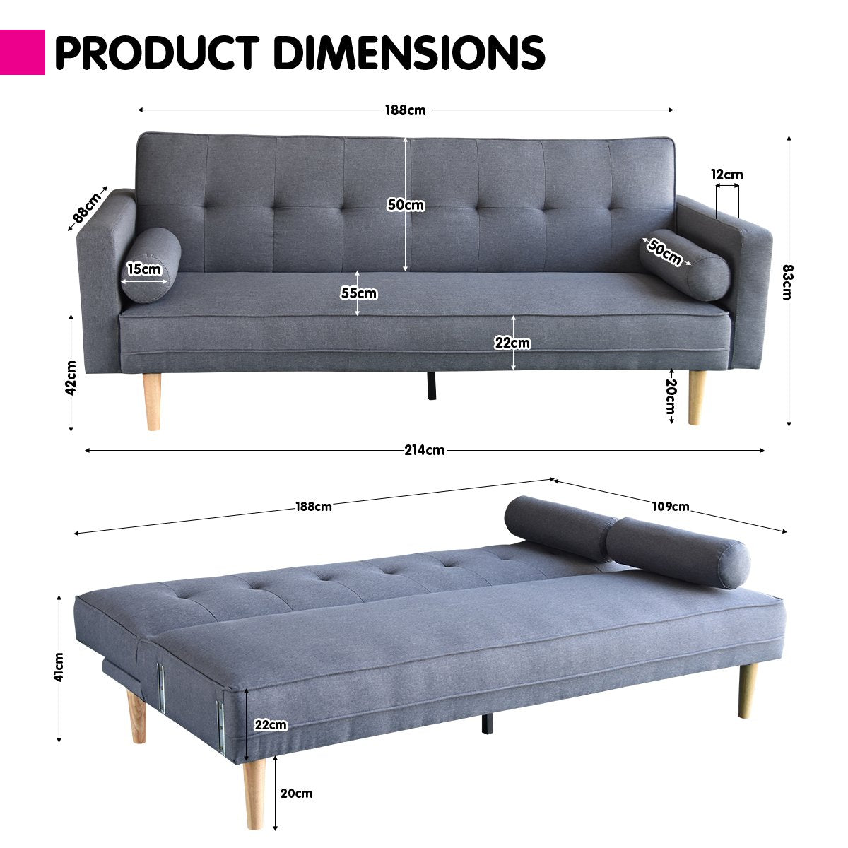 Sarantino Madison Sofa Bed Lounge Couch Futon Furniture Home Dark Grey Linen Suite-Furniture &gt; Sofas-PEROZ Accessories