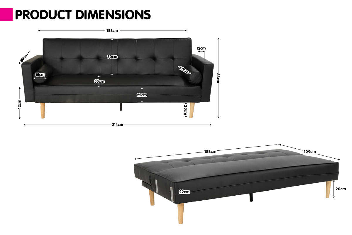 Sarantino Madison Faux Leather Sofa Bed Lounge Couch Futon Furniture Home Suite - Black-Furniture &gt; Sofas-PEROZ Accessories