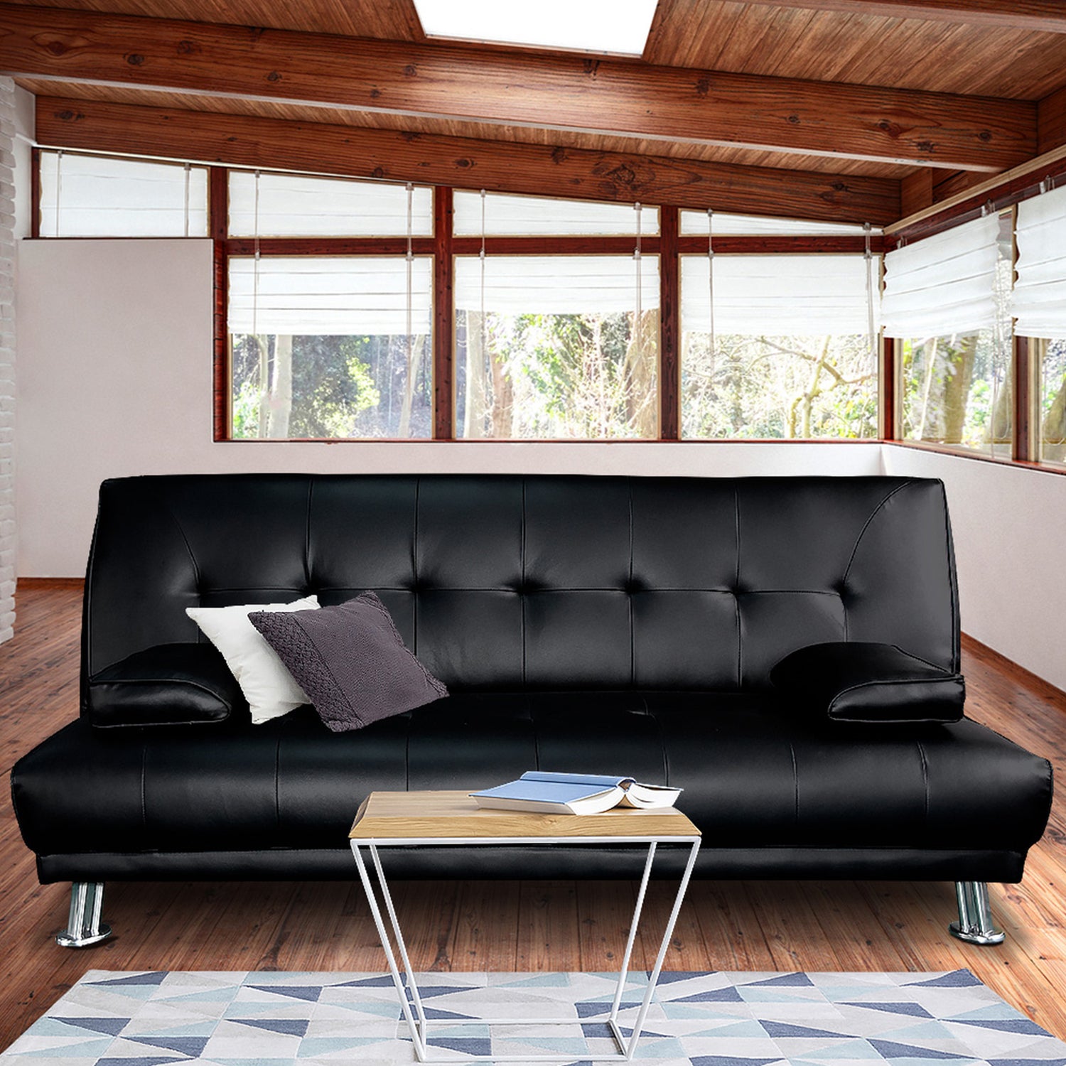 Sarantino Manhattan Sofa Bed Faux Leather Lounge Couch Futon Furniture Suite - Black-Furniture &gt; Sofas-PEROZ Accessories