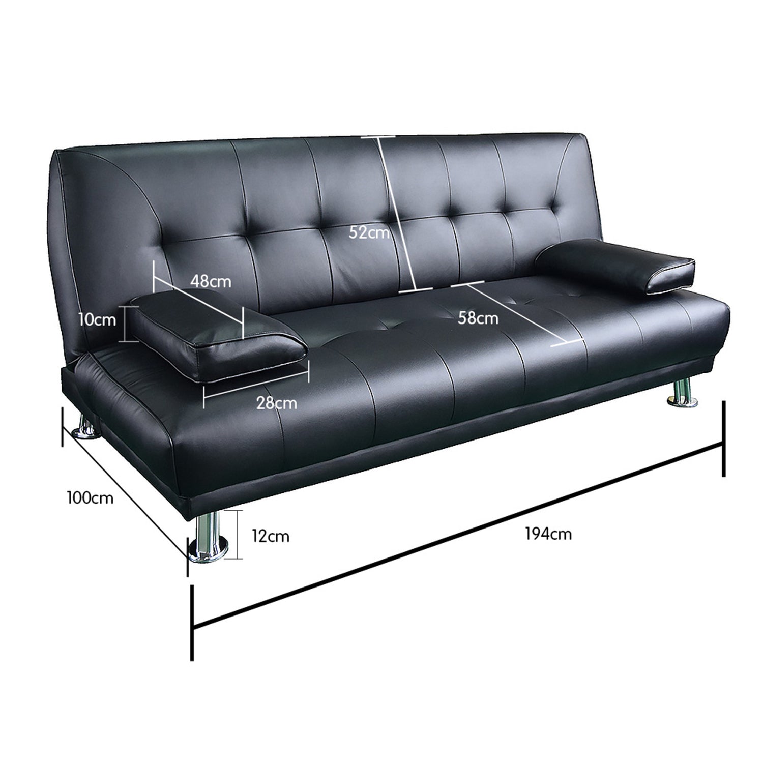 Sarantino Manhattan Sofa Bed Faux Leather Lounge Couch Futon Furniture Suite - Black-Furniture &gt; Sofas-PEROZ Accessories