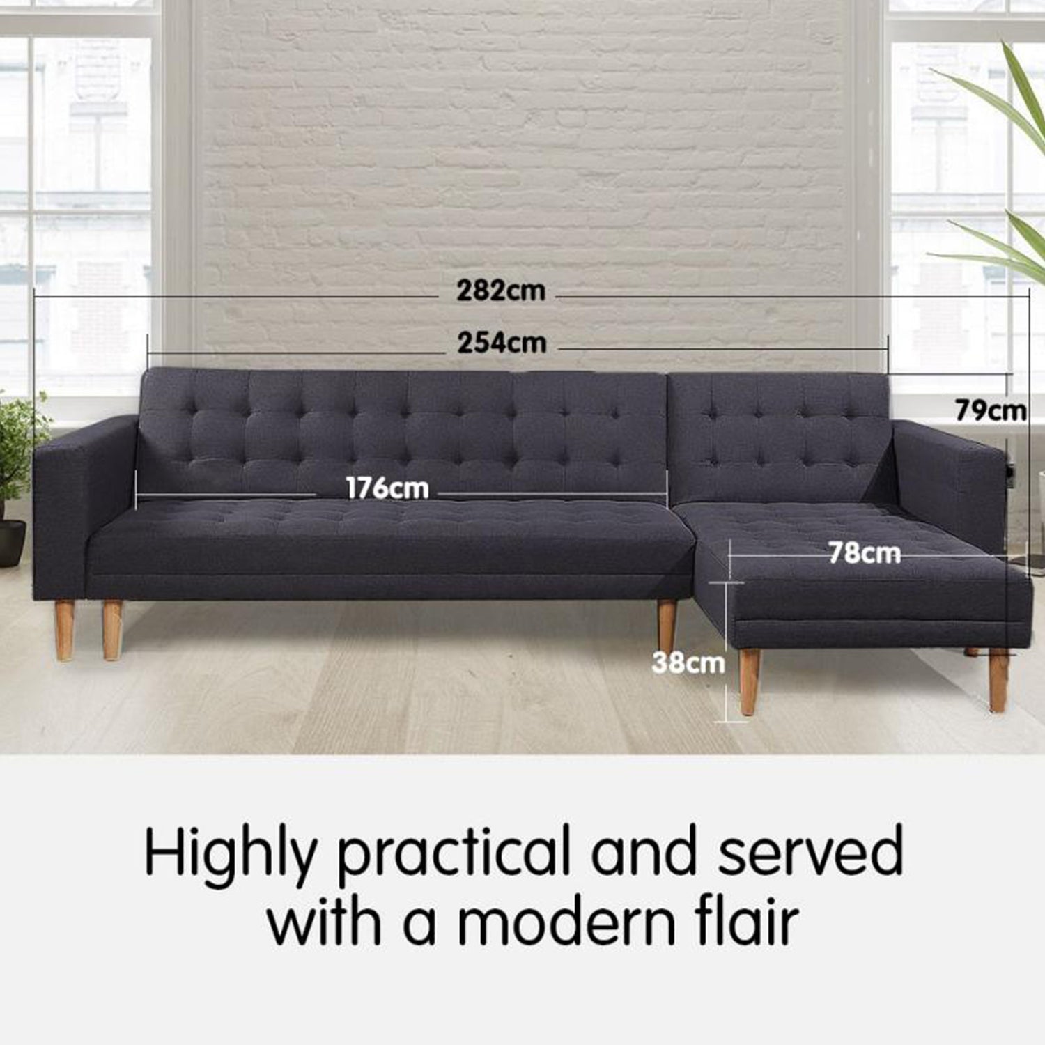 Sarantino Linen Fabric Corner Sofa Bed Couch Lounge With Chaise Furniture - Dark Grey-Furniture &gt; Sofas-PEROZ Accessories