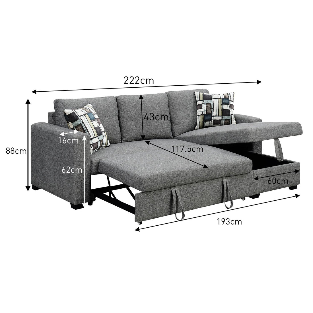 Sarantino Fontana Pullout Sofa Bed with Storage Chaise Lounge - Grey-Furniture &gt; Sofas-PEROZ Accessories