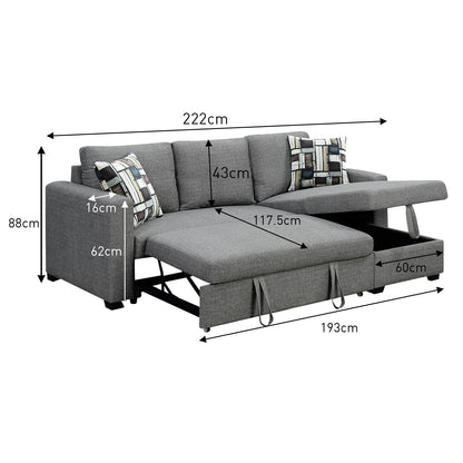 Sarantino Fontana Pullout Sofa Bed with Storage Chaise Lounge - Grey-Furniture &gt; Sofas-PEROZ Accessories