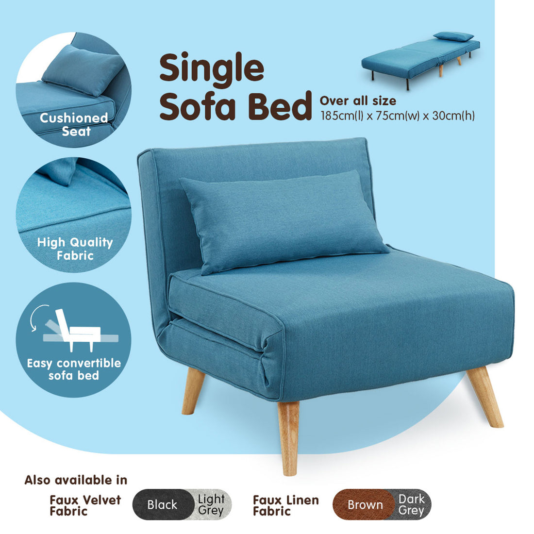 Sarantino Adjustable Corner Sofa 1 Seater Lounge Linen Bed Seat - Blue-Furniture &gt; Sofas-PEROZ Accessories